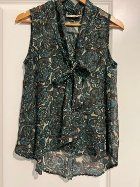 Sleeveless Tie-Neck Blouse in Teal & Brown Swirl Print